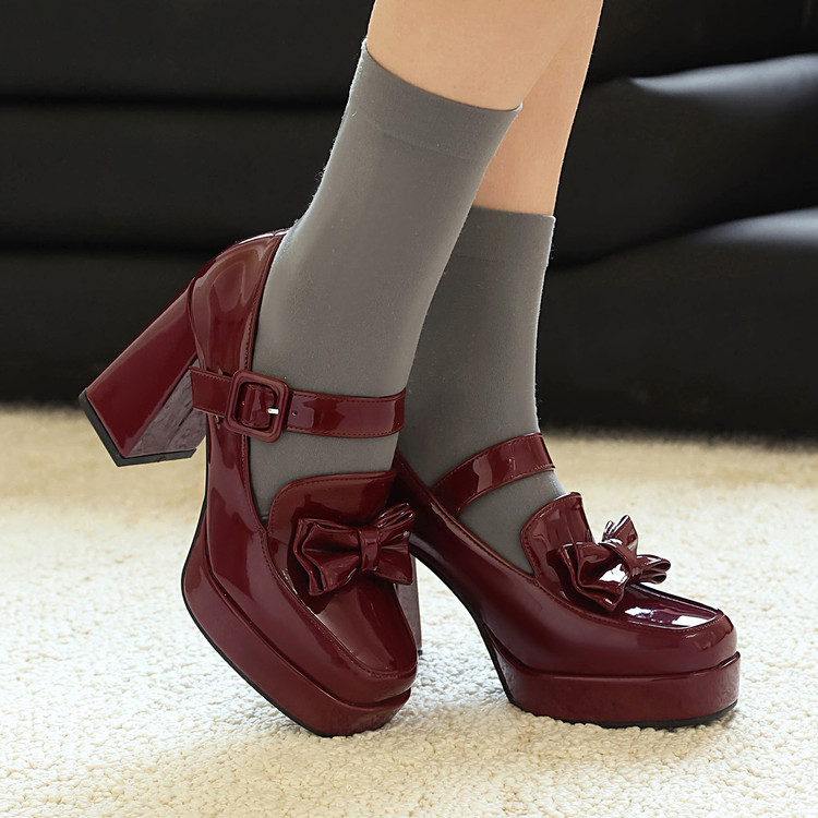 Patent Leather High Heel Pumps with Bow Square Toe Slip-On