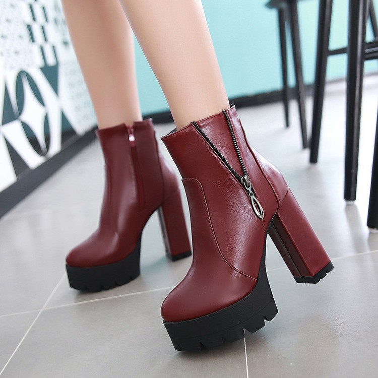 Women's Fashion Ankle Boots with Chunky Heel and Side Zipper
