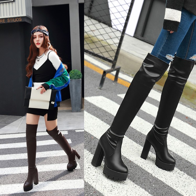 Women's High Heel Chunky Block Pointed Toe Long Fashion Boots - Image 3