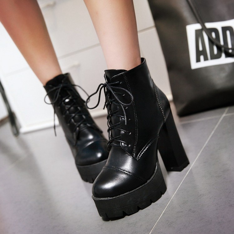 Women's High Heel Chunky Platform Lace-Up Ankle Boots - Image 3